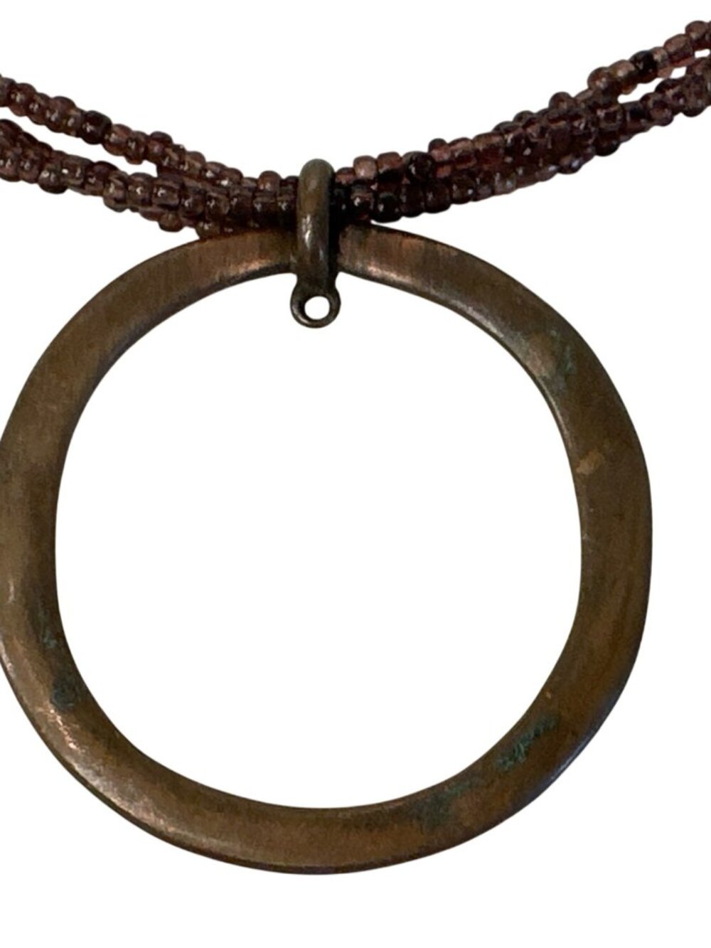 Seed Beaded Pendant Necklace Bronze-Tone Circle Boho Artsy Choker 17"